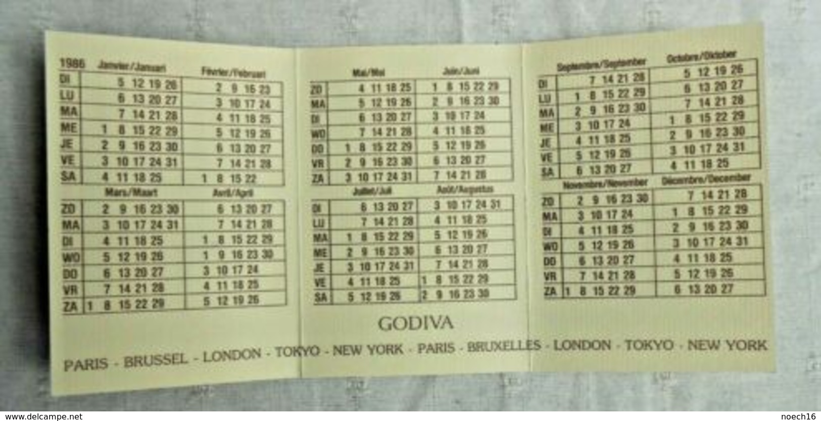 Calendrier De Poche Publicité 1986 GODIVA Chocolatier - Brugge/Bruxelles - Small : 1981-90