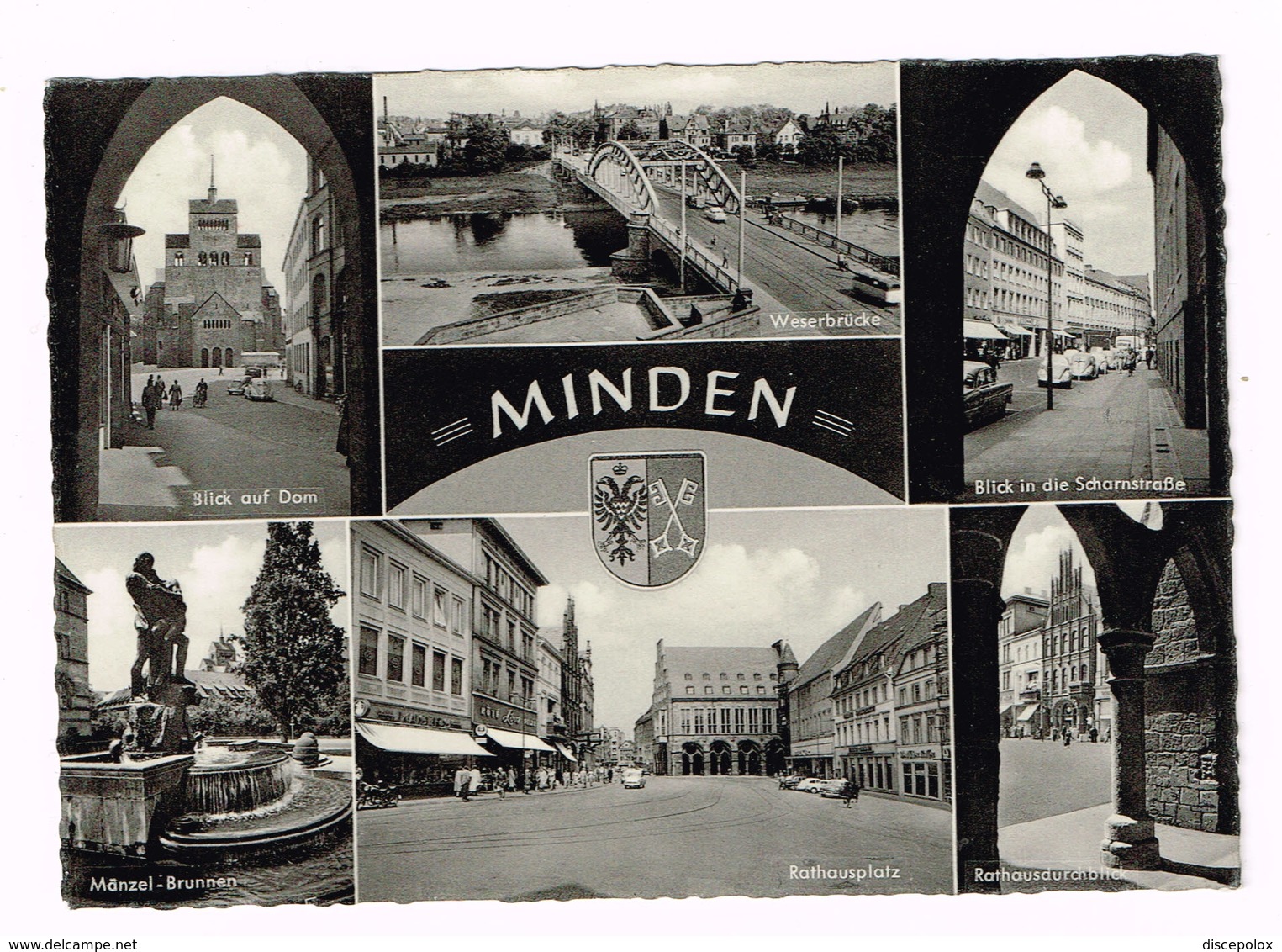 V4991 Minden - Dom - Weserbrucke - Scharnstrasse - Manzel Brunnen - Rathausplatz / Viaggiata 1959 - Minden