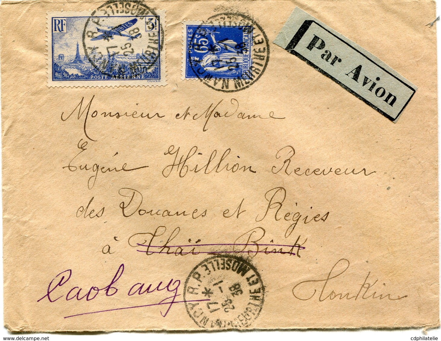 FRANCE LETTRE PAR AVION DEPART NANCY 25-1-38 MEURTHE ET MOSELLE POUR THAI-BINH TONKIN REEXPEDIEE A CAO-BANG TONKIN - 1927-1959 Lettres & Documents