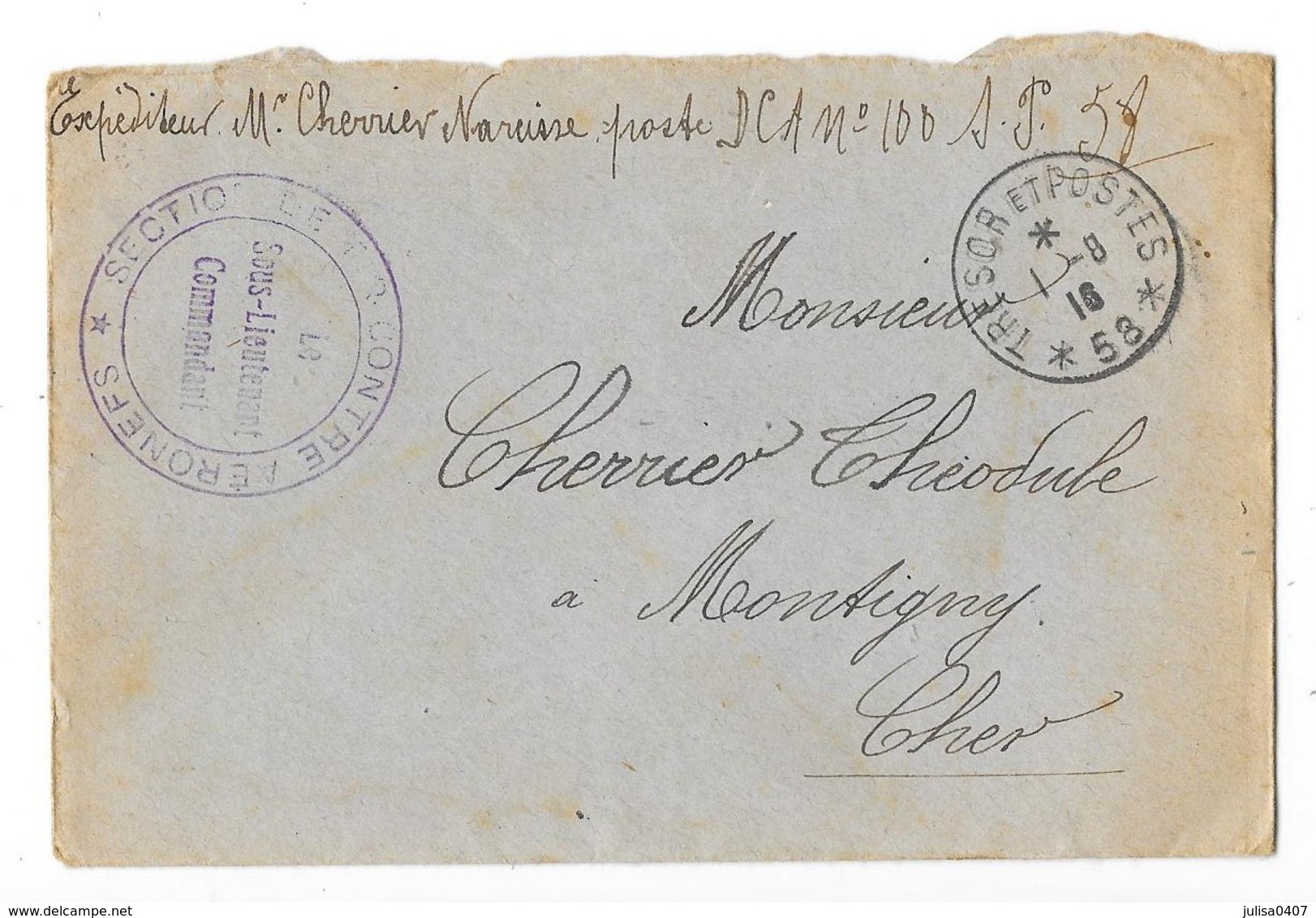 GUERRE 1914-18 Enveloppe Trésor Et Postes Cachet Militaire Section De Tir Contre Aéronefs - Military Postage Stamps