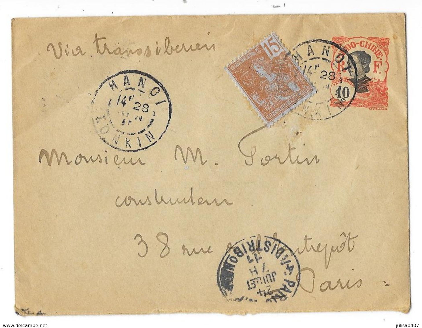 INDOCHINE Enveloppe Entier Oblitérée Hanoi à Paris Via Shanghai Transiberien 1911 - Lettres & Documents