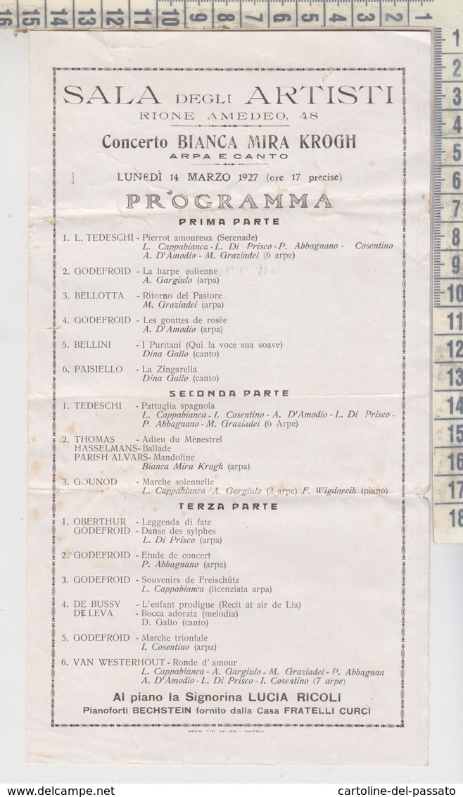 1927 PROGRAMMA - CONCERTO BIANCA MIRA KROGH - SALA DEGLI ARTISTI - Programmes