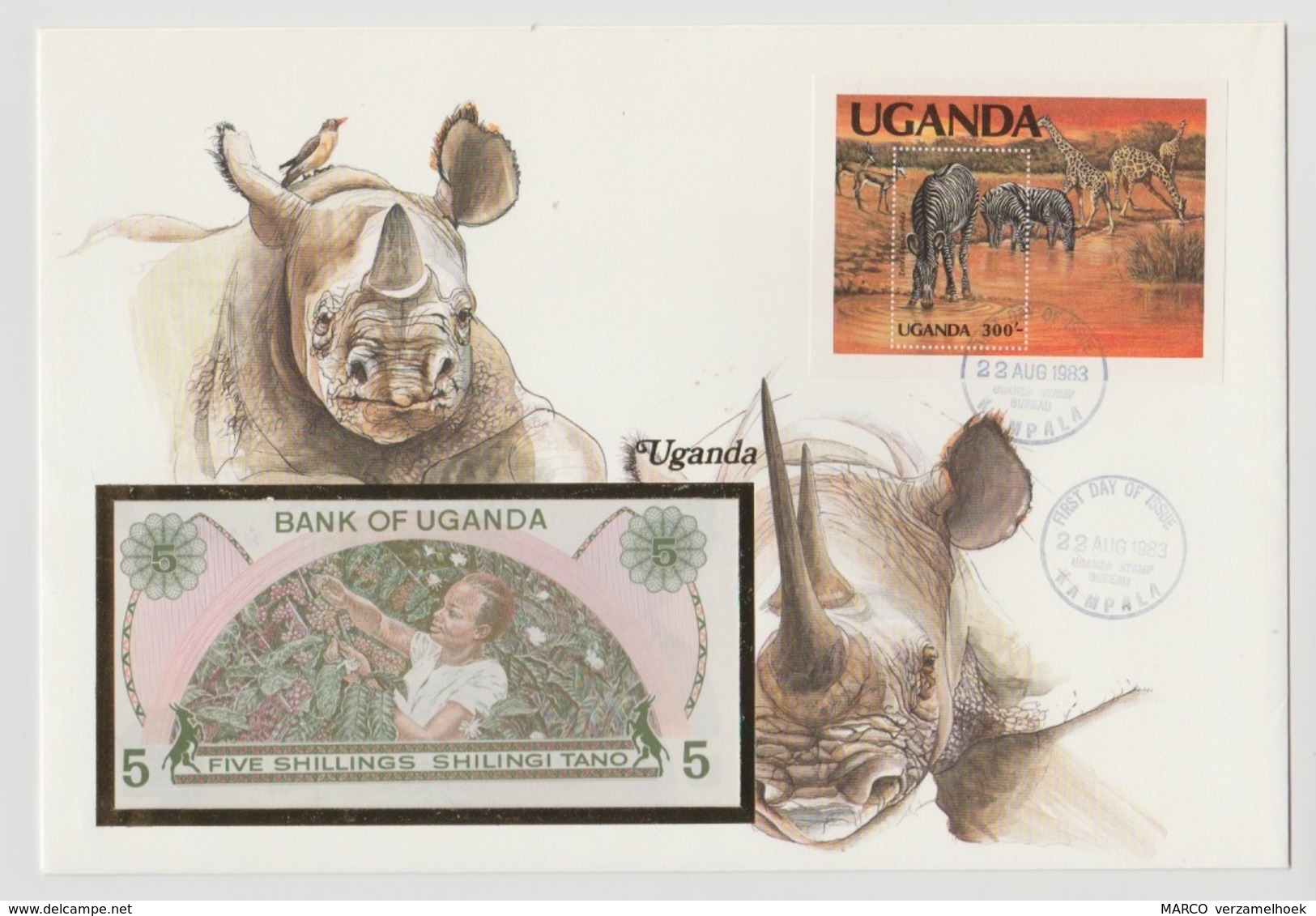 Uganda Enveloppe1983 Banknote 5 Shillings 1982 UNC Neushoorn - Autres - Afrique