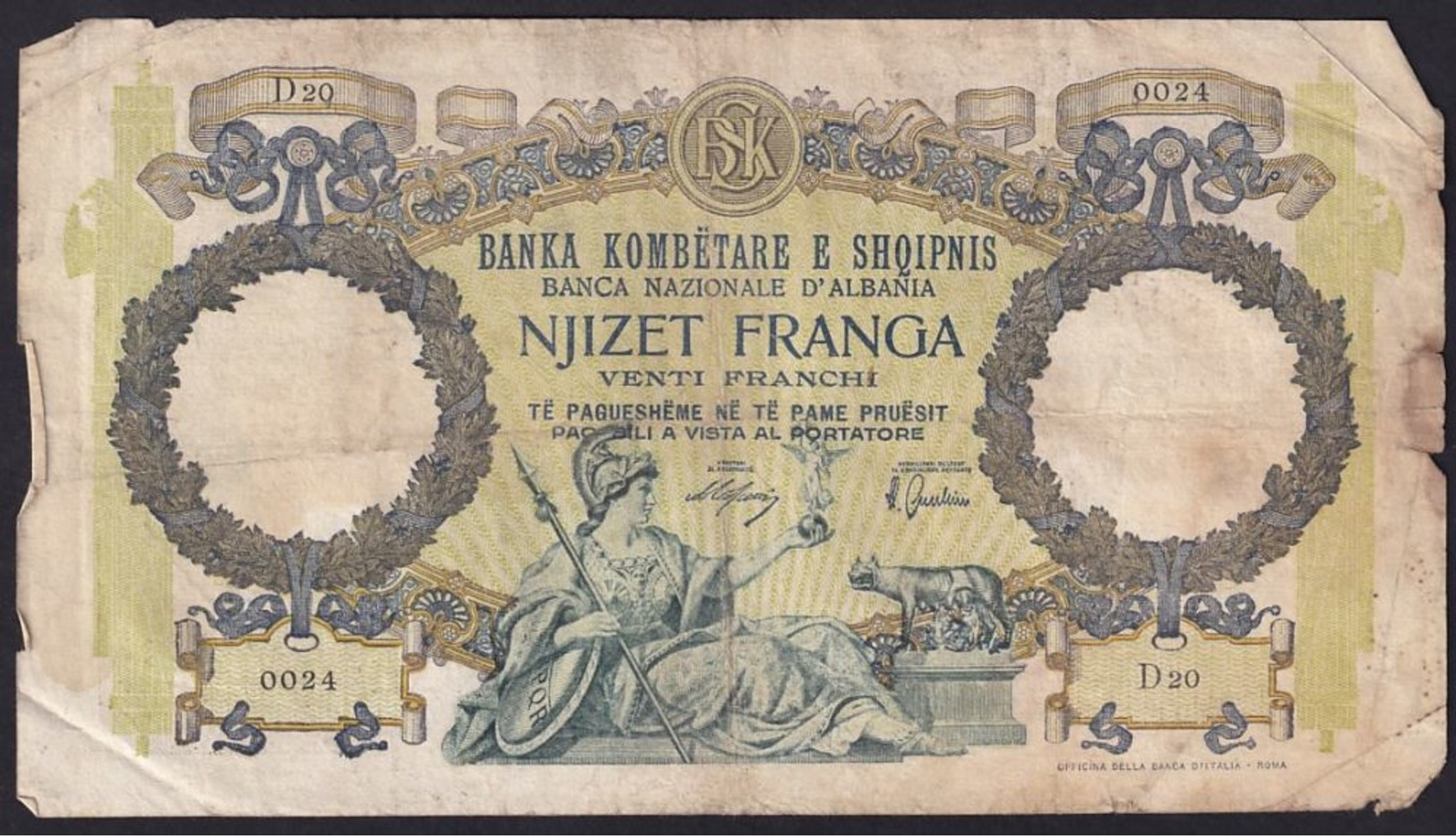 20 Francs, 1939 Albania - Albanien