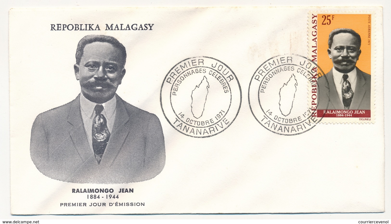 MADAGASCAR - Enveloppe FDC - Personnages Célèbres - Jean RALAIMONGO - 14 Oct 1971 - Madagaskar (1960-...)