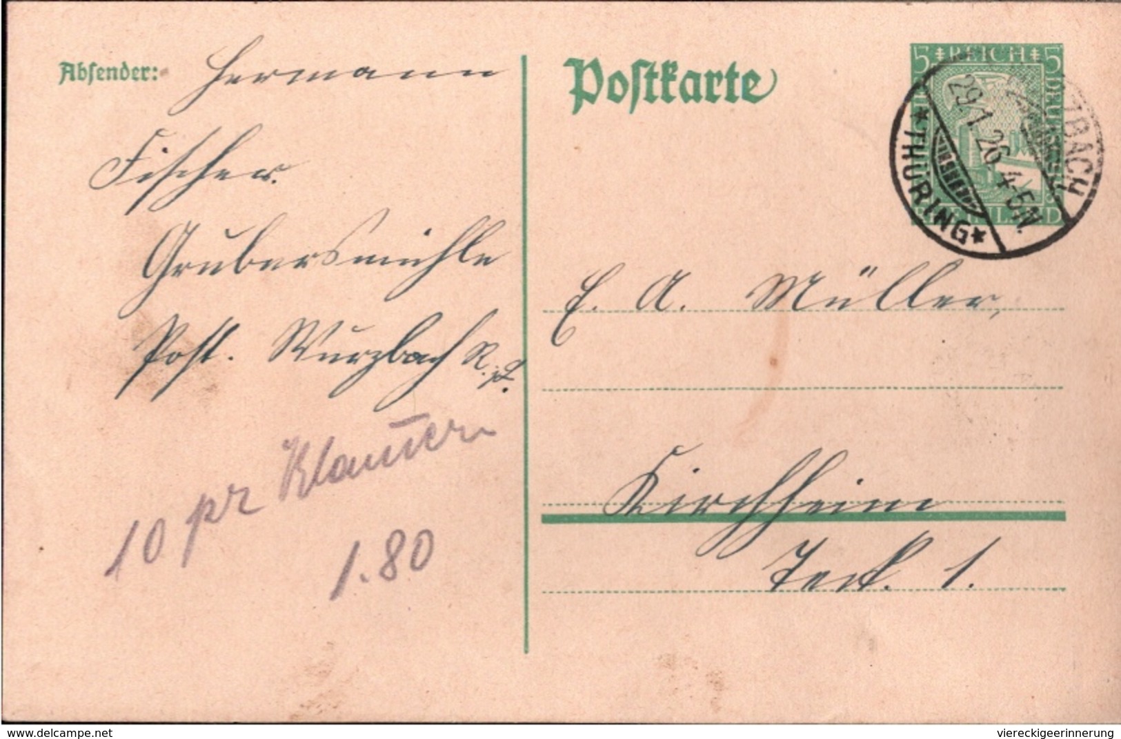 ! 1926 Ganzsache Deutsches Reich, Wurzbach In Thüringen Nach Kirchheim Teck - Covers & Documents