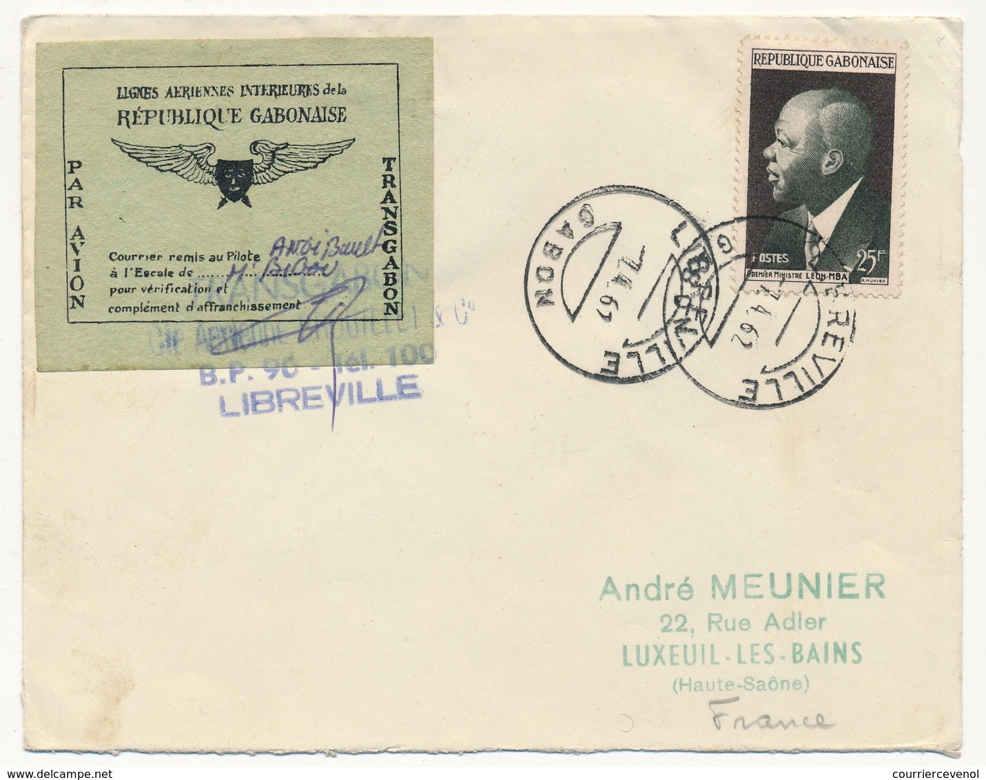 GABON - Env. TRANSGABON Avec Vignette "Lignes Aériennes Intérieures", Remis Au Pilote ANGIBAULT, Escale M'BIGOU 1962 - Gabon