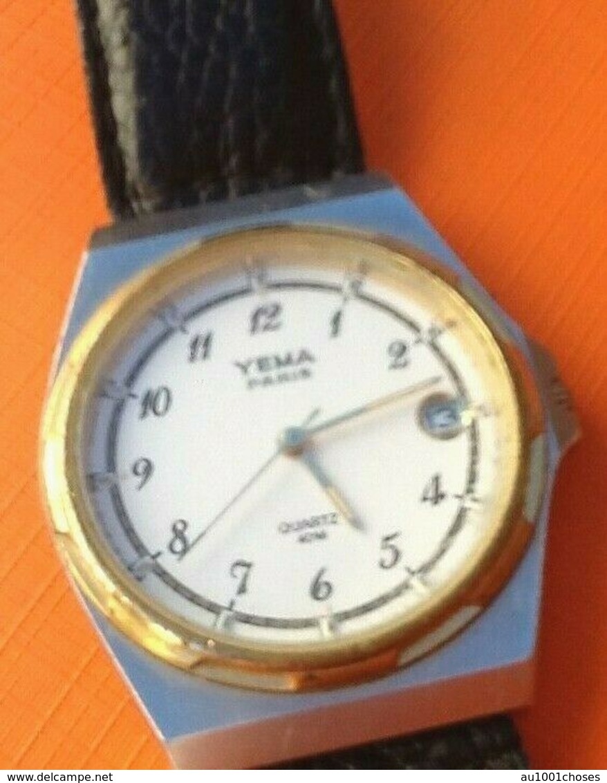 YEMA France Paris  Montre Homme à Guichet  Bicolor (acier Or Plaqué) Années 70 - Montres Anciennes