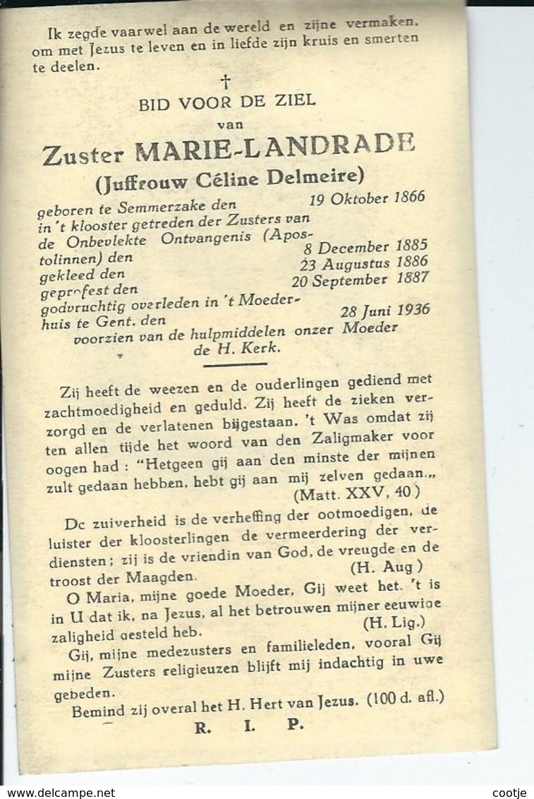 Céline Delmeire  ( Zuster Marie- Landrade ) O Semmerzake 1866  + Gent 1936 - Images Religieuses