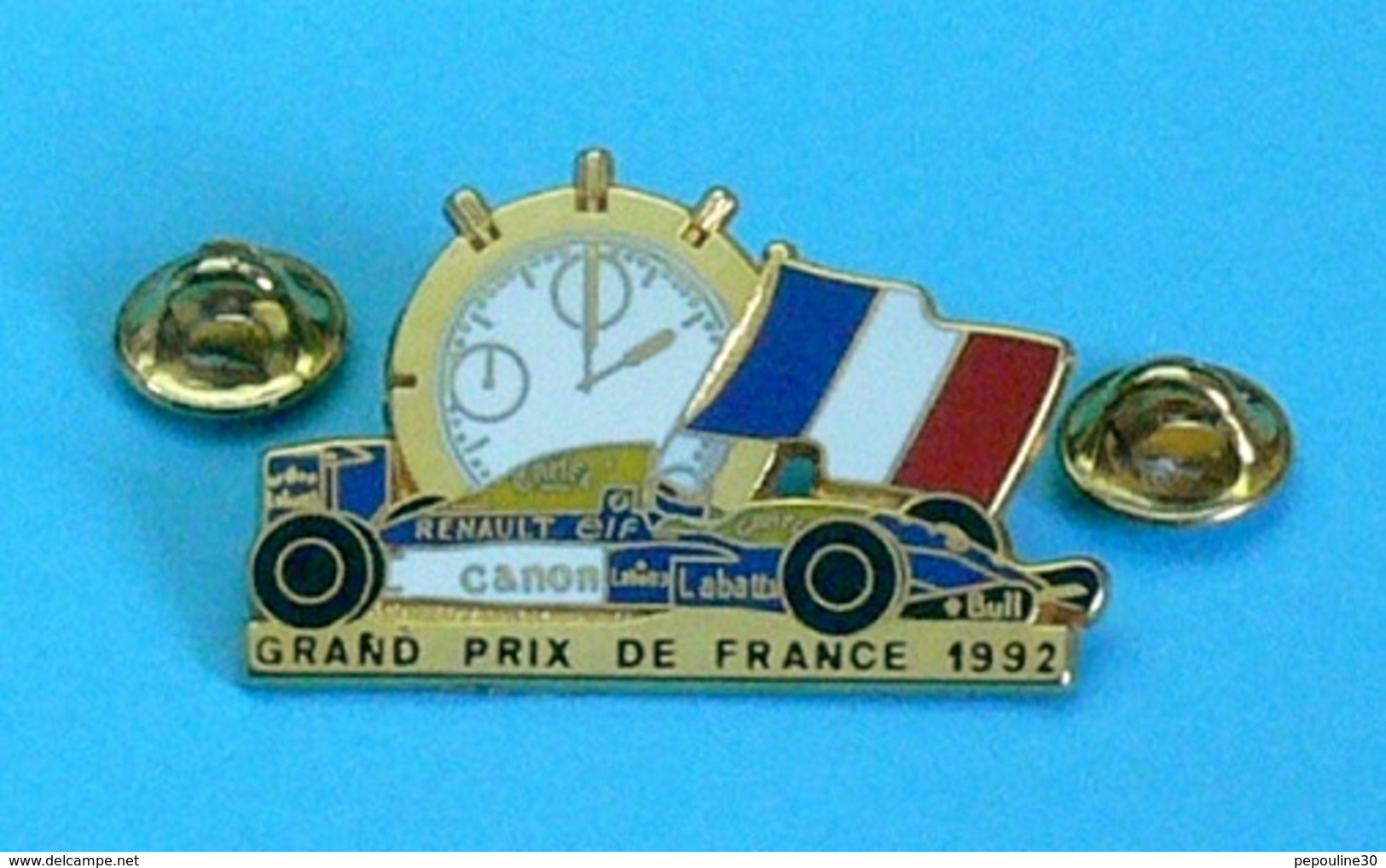 1 PIN'S //   ** RENAULT ELF / GRAND PRIX DE FRANCE 1992 / CANON / BULL / CAMEL ** . (Locomobile 94) - F1