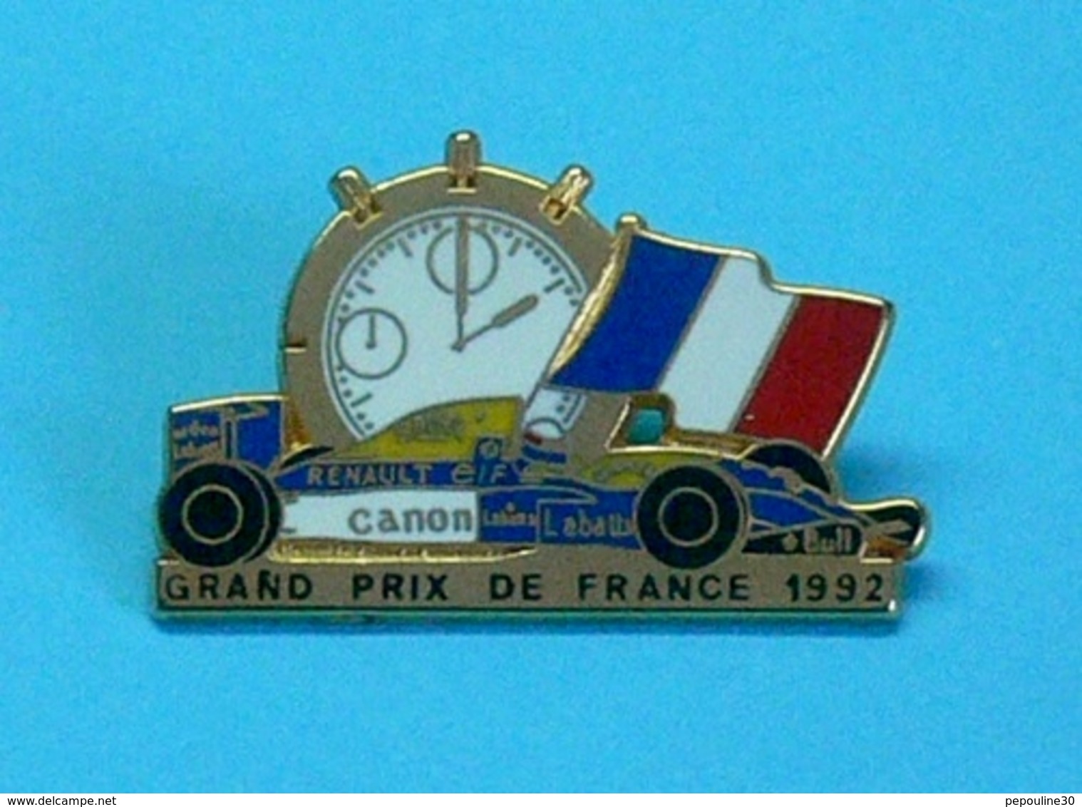 1 PIN'S //   ** RENAULT ELF / GRAND PRIX DE FRANCE 1992 / CANON / BULL / CAMEL ** . (Locomobile 94) - F1