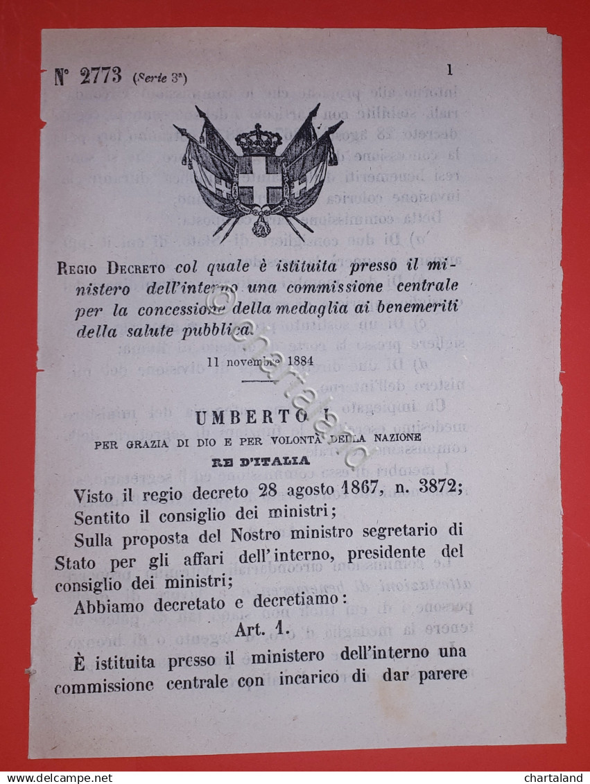 Decreto Regno Italia - Commissione Per Medaglia Benemeriti Salute Pubblica 1884 - Non Classificati