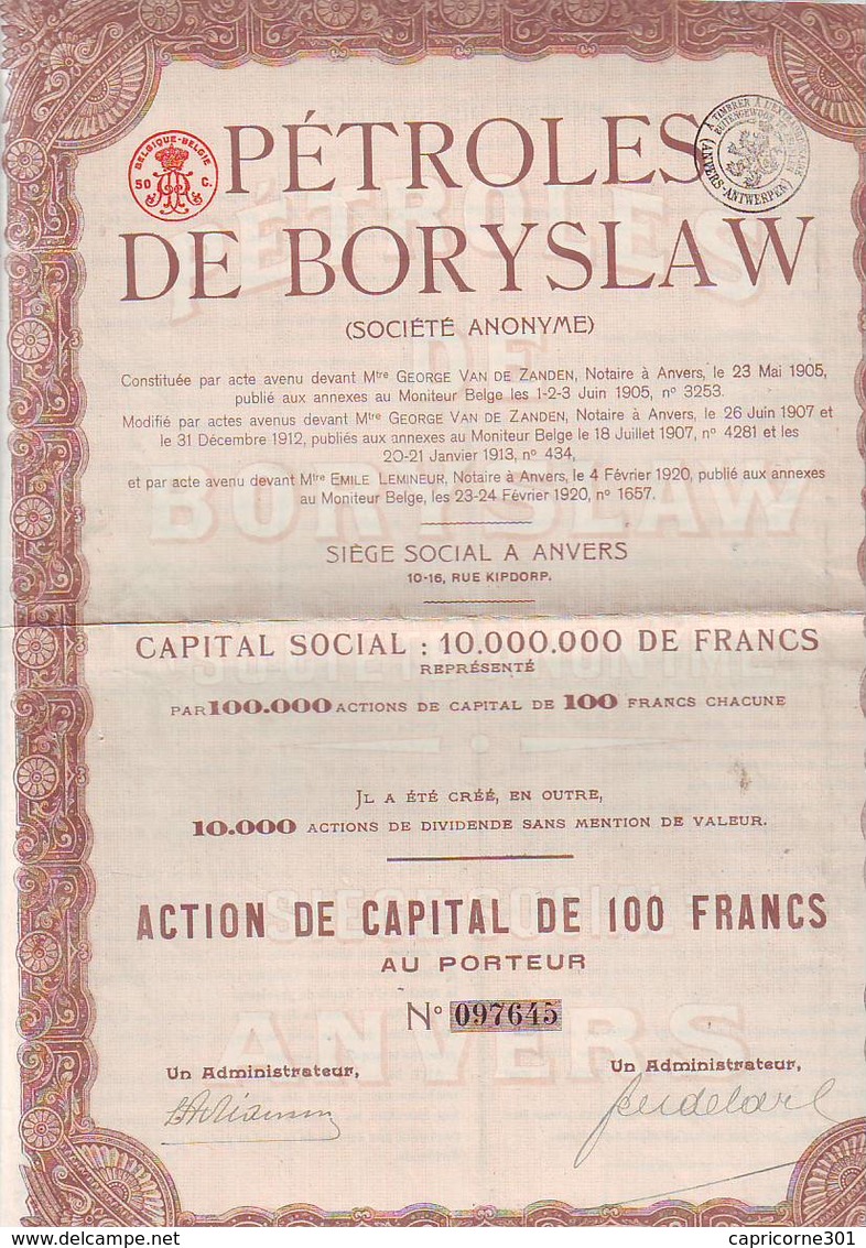 Pétrole De BORYSLAW Action De 100 Frs Anvers (Relgique) 1905 - Pétrole