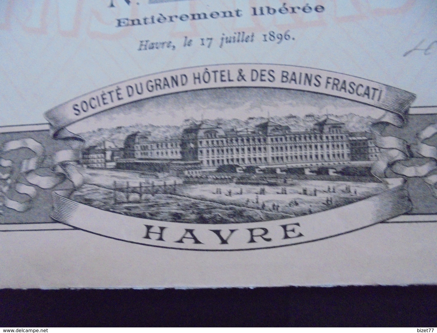 FRANCE - 76 - LE HAVRE 1896 - STE GRAND HOTEL ET BAINS FRASCATI - ACTION 100 FRS - PEU COURANT - DECO - Other & Unclassified