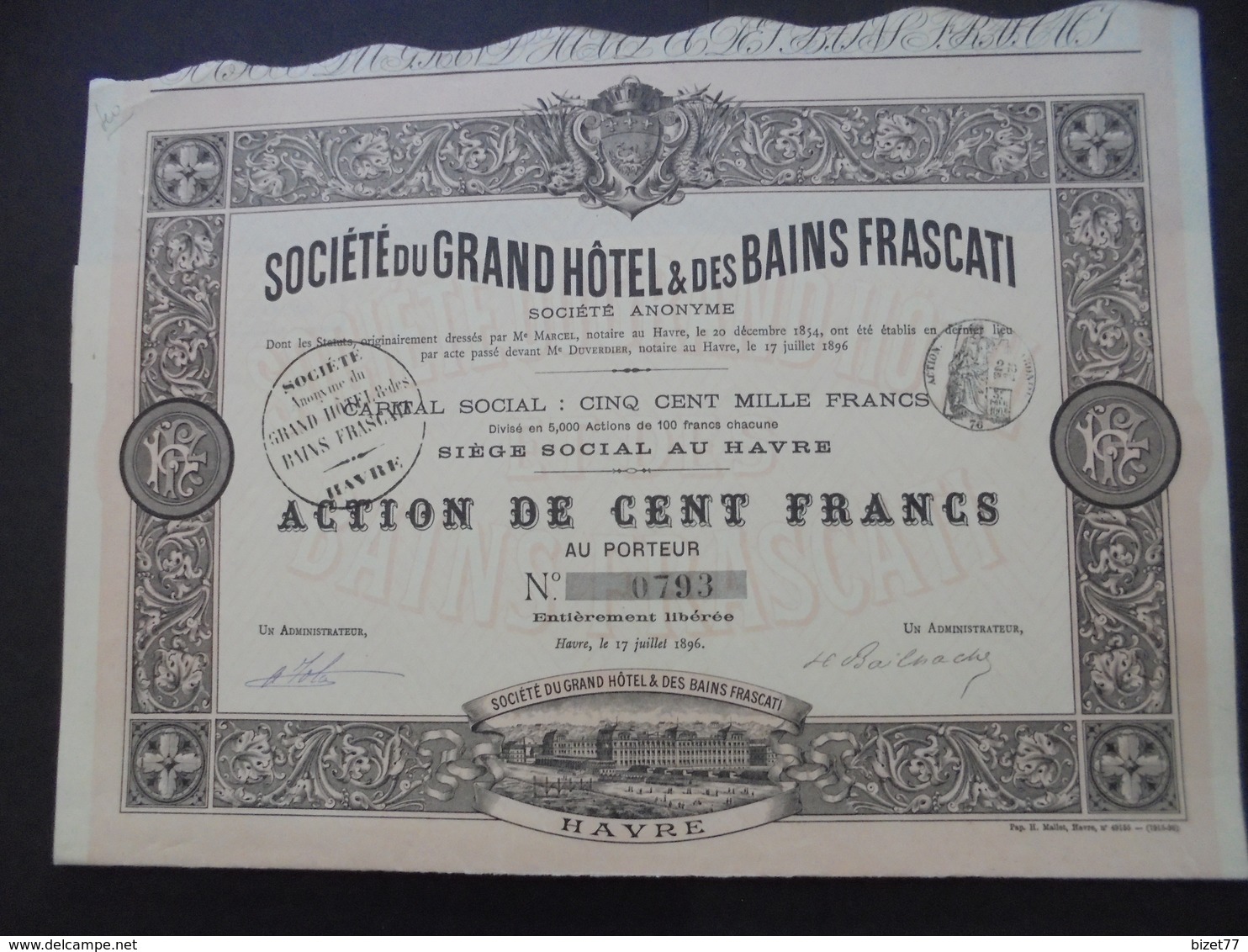 FRANCE - 76 - LE HAVRE 1896 - STE GRAND HOTEL ET BAINS FRASCATI - ACTION 100 FRS - PEU COURANT - DECO - Other & Unclassified