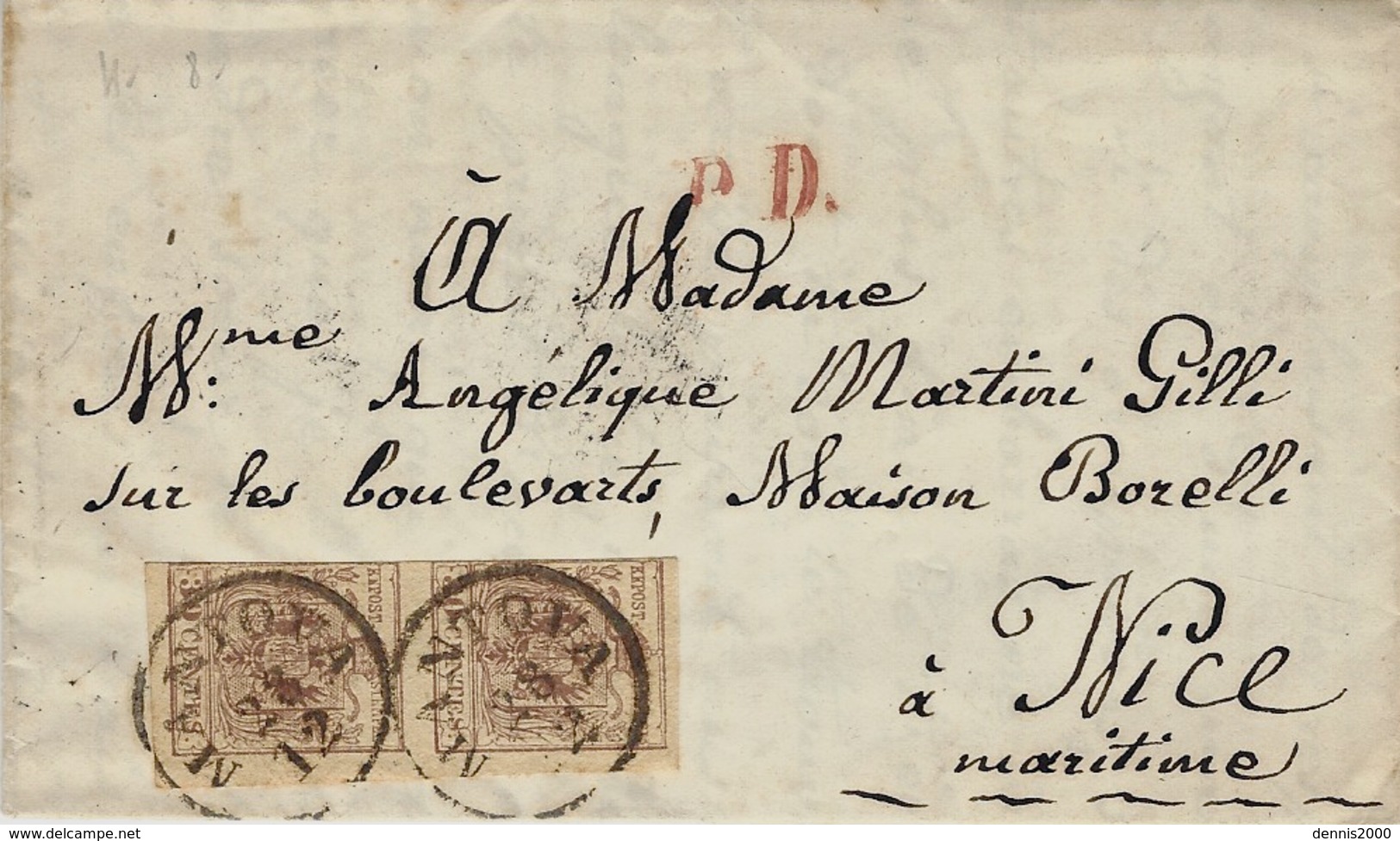 1855- Lettre De MANTOVA Pour NIzza  Affr. Paire Y & T N°4 ( 3 Marges ) - Lombardy-Venetia