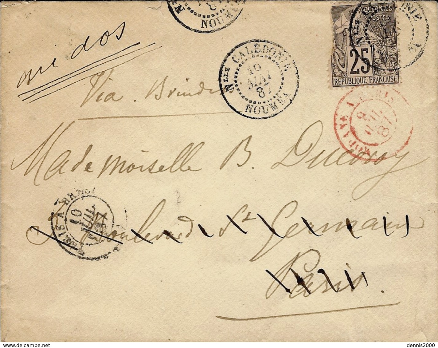 1887- Enveloppe De NOUMEA  Pour La France Affr. 25 C  Oblit. Cad " N.lle CALEDONIE / NOUMEA  " - Lettres & Documents