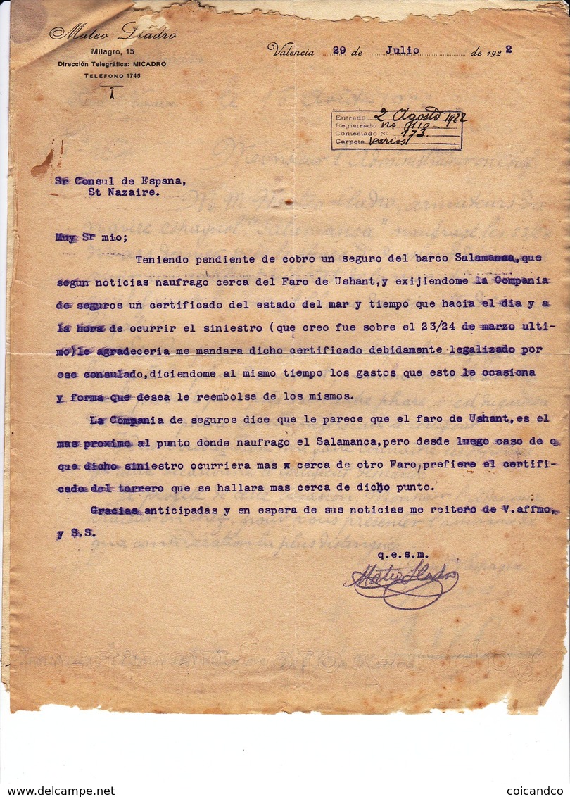 Correspondance 1922 Espagne Consulat Saint Nazaire  Naufrage Bateau Salamanca  Valencia  LLadro  Ouessant Brest 2 Pages - Documents Historiques
