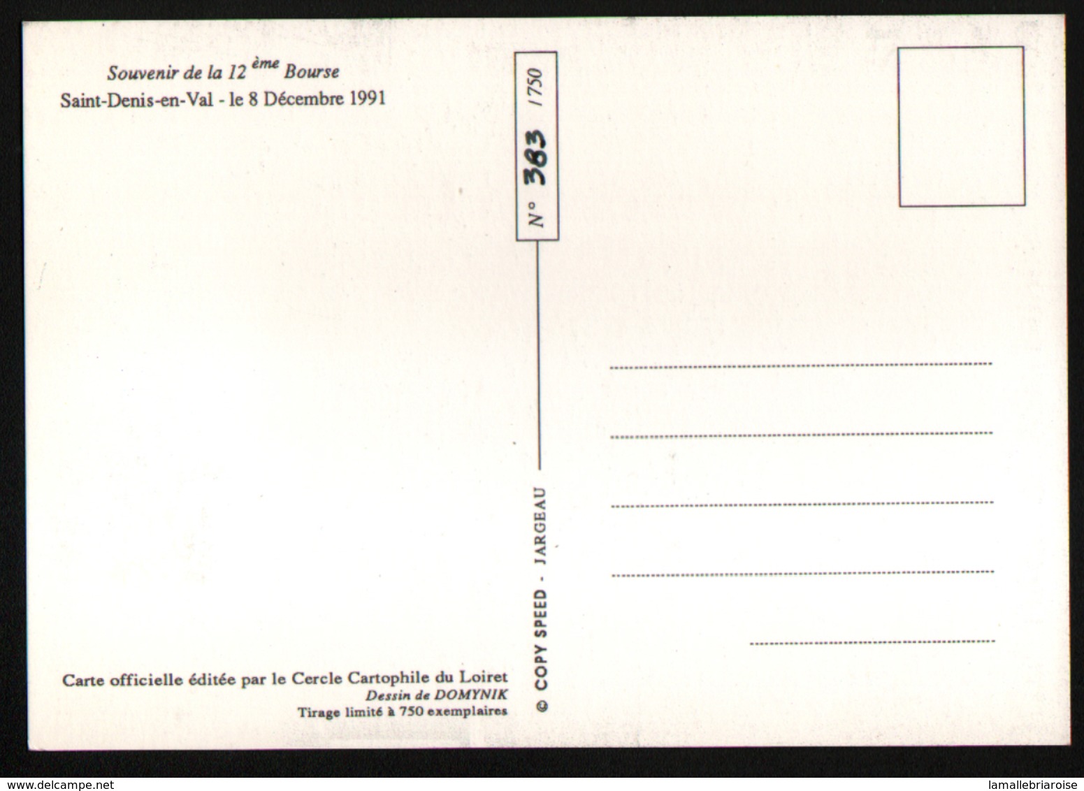 45, 12ème Bourse De Cartes Postales, St Denis En Val, 8-12-1991, Cachet Provisoire, Theme Pompiers - Bourses & Salons De Collections