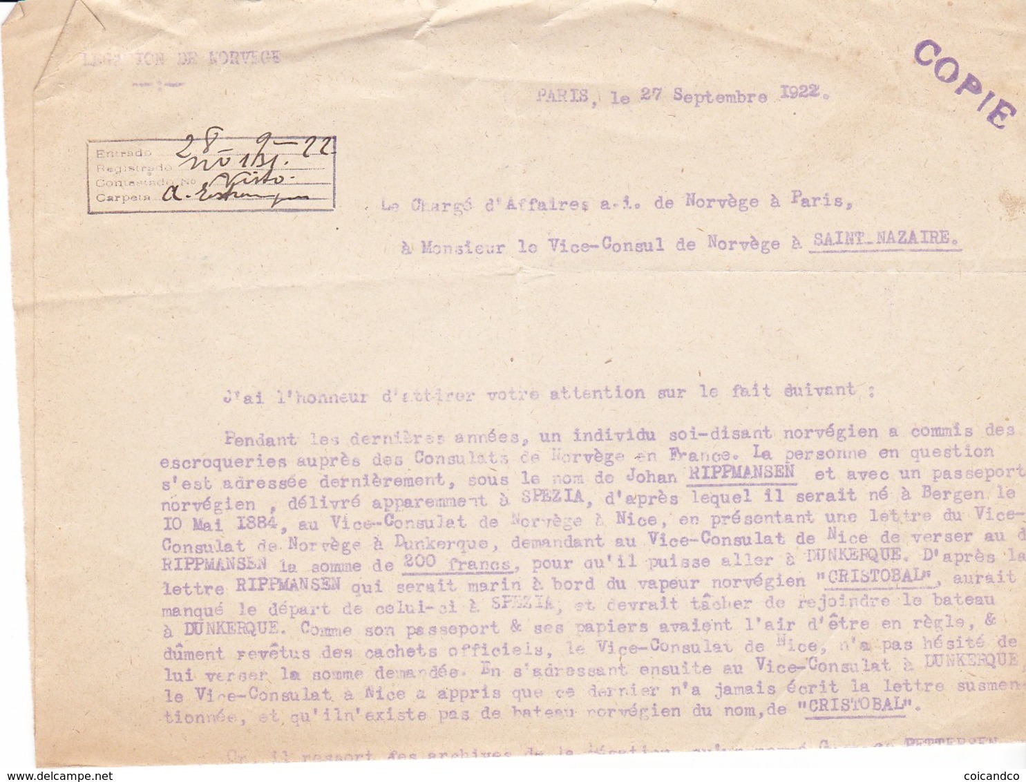 Correspondance 1922 Espagne Consulat Saint Nazaire  Et Norvege Norway Recherche Individu 1 Page - Documenti Storici