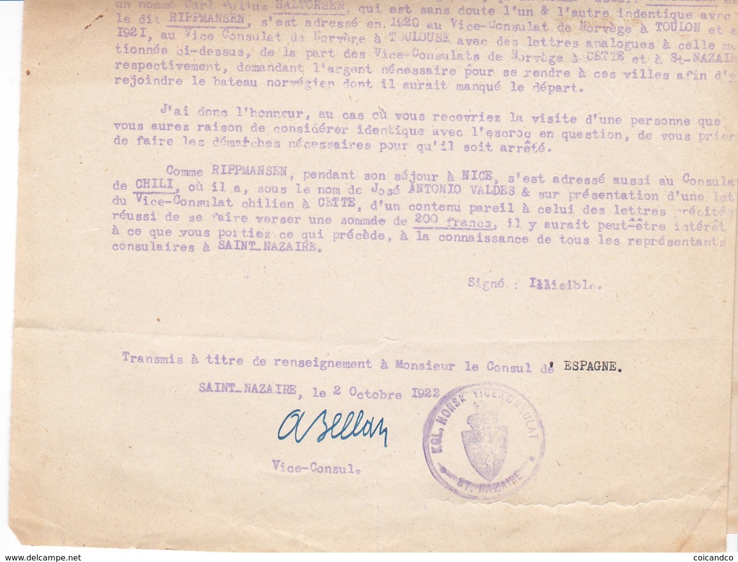 Correspondance 1922 Espagne Consulat Saint Nazaire  Et Norvege Norway Recherche Individu 1 Page - Documenti Storici