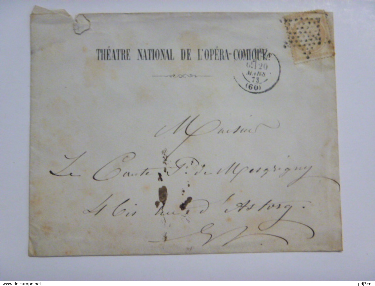 Enveloppe, En-tête Du Théatre Opéra Comique - 1873 - Timbre Cérès Bistre 15c (N°55 YT) - Cachet étoile - 1871-1875 Ceres