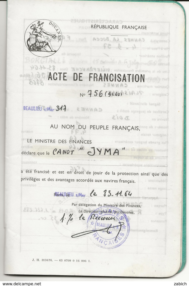 VIEUX PAPIERS ACTE DE FRANCISATION DOUANES VILLEFRANCHE 1964 - Unclassified