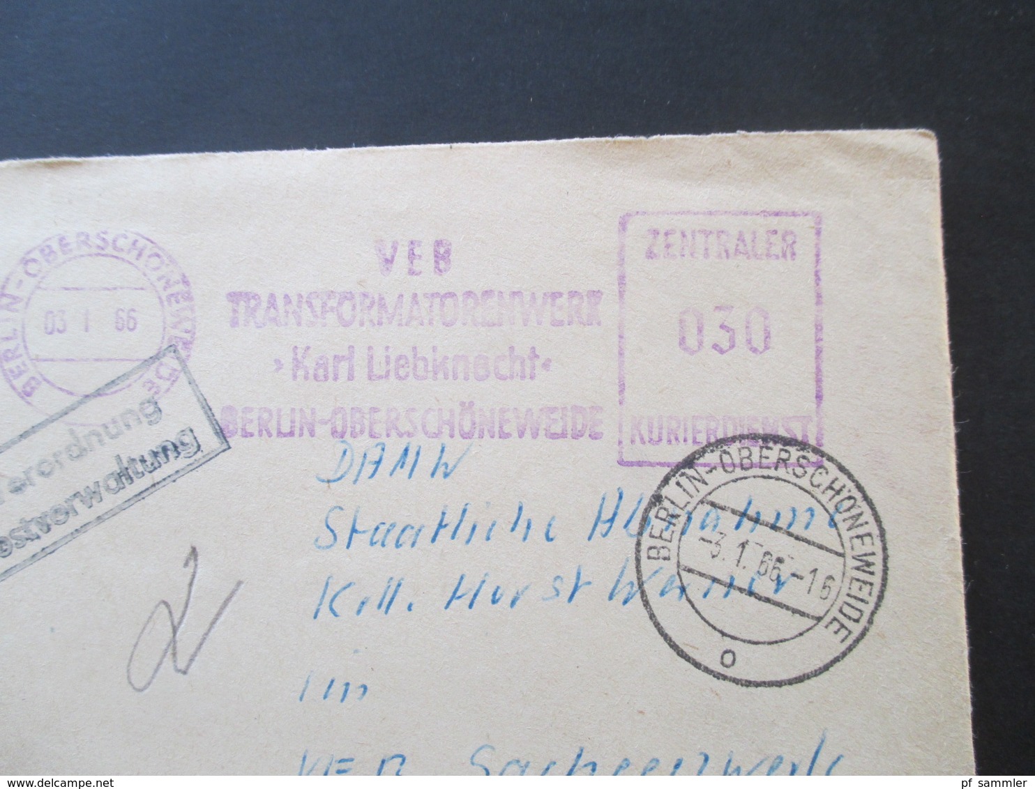 1966 ZKD Violetter Freistempel VEB Transformatorenwerk Ra2 Laut § 18 Der ZKD Verordnung Umschl. Zurück An Postverwaltung - Lettres & Documents