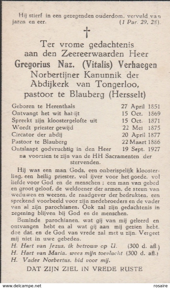 Abdij Tongerloo-gregorius Naz.verhaegen-herenthals 1851-blauberg 1927 - Devotieprenten