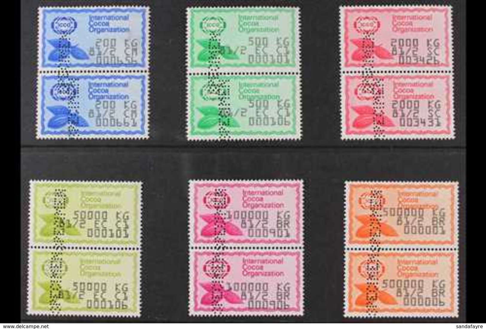 INTERNATIONAL COCOA ORGANIZATION REVENUE STAMPS Six Different Denominations Between 200kg And 500,000kg, Each In Vertica - Andere & Zonder Classificatie