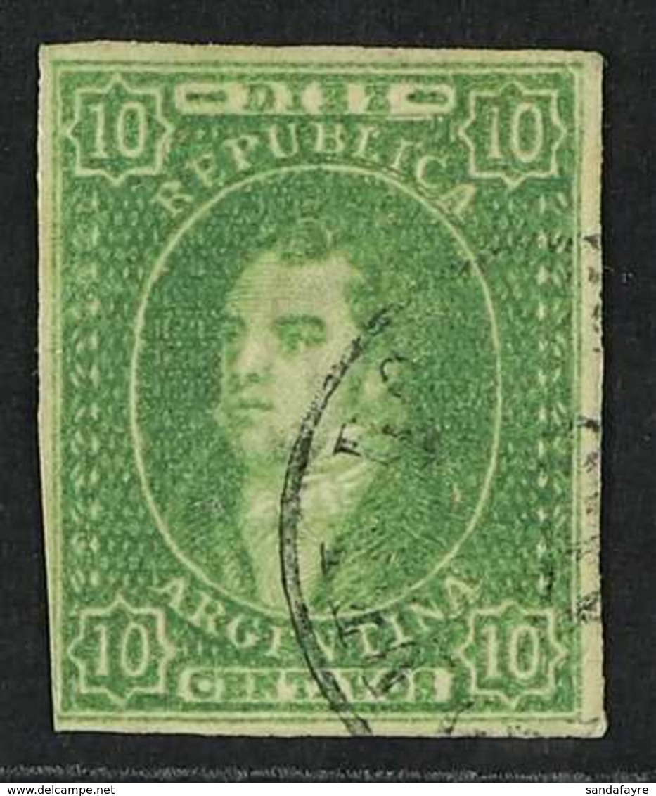 1864-67 5c Green Rivadavia Wmk'd Imperf (Scott 9, SG 14), Fine Cds Used, Almost Four Margins Just Touching The Outer Fra - Autres & Non Classés