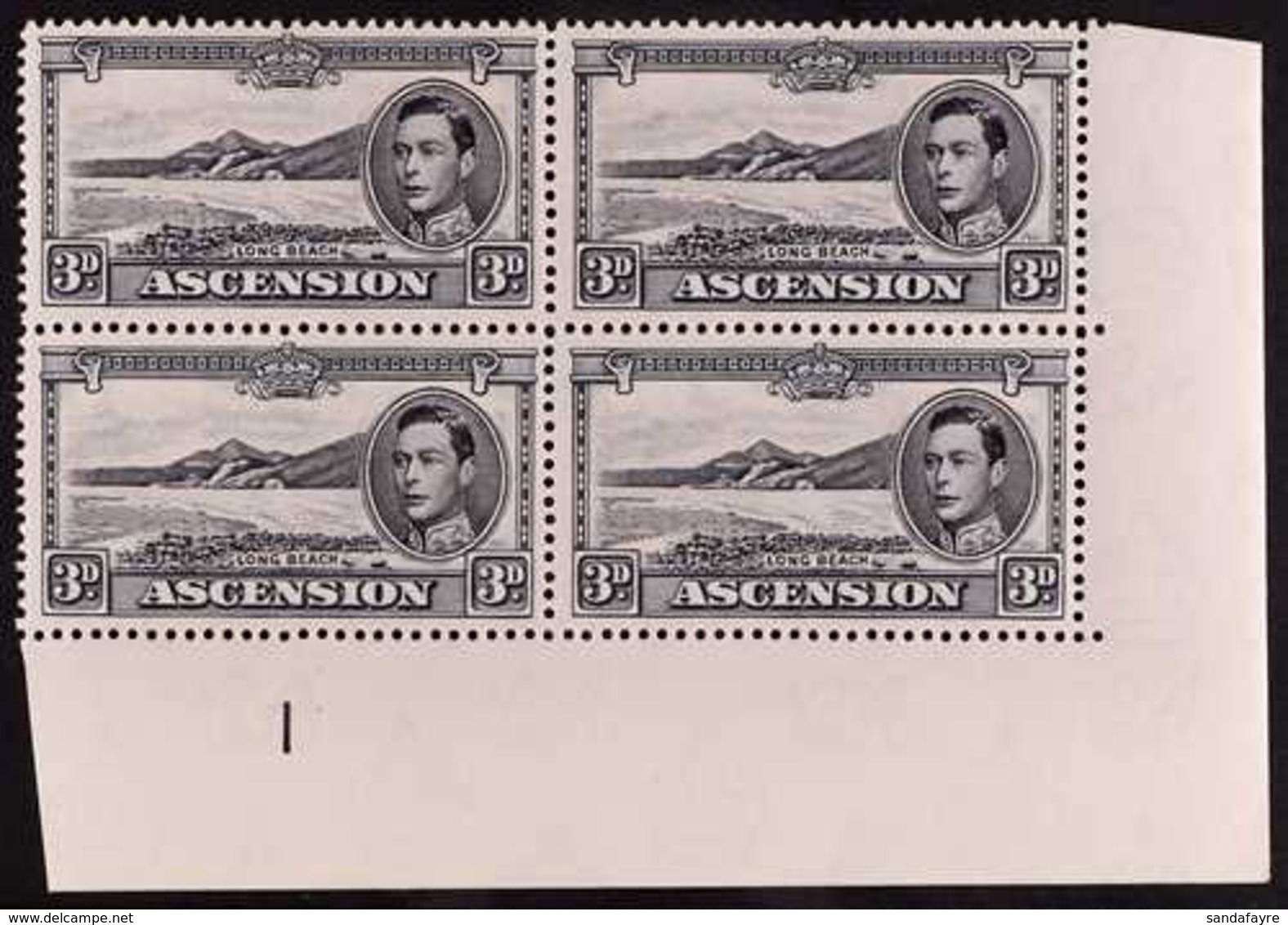 1940 3d Black And Grey Perf. 13½, SG 42a, Lower Right Corner Plate "1" Block Of Four, Fine Never Hinged Mint. For More I - Ascensione