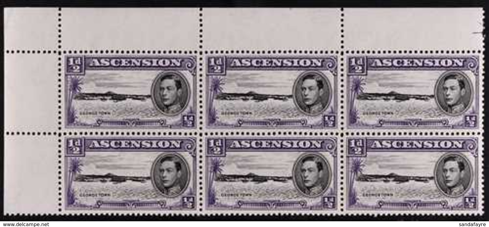 1944 ½d Black And Bluish Violet, Upper Left Corner Block Of Six, One Showing Long Centre Bar To "E", SG 38ba, Never Hing - Ascension (Ile De L')