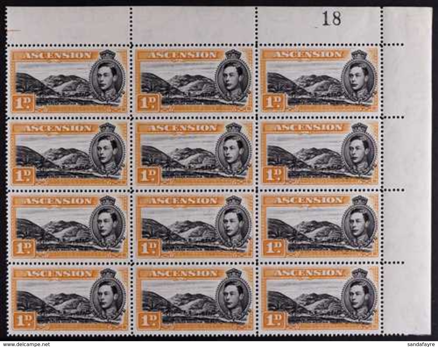 1949 1d Black And Yellow-orange Perf. 14, Upper Right Corner Block Of Twelve, Row 4/4 Showing MOUNTAINEER FLAW, SG 39ca, - Ascension (Ile De L')