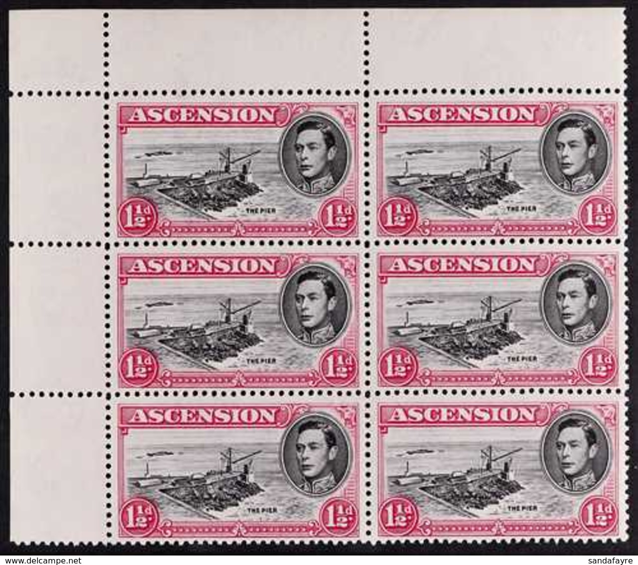 1953 1½d Black And Rose-carmine Perf. 13, Upper Left Corner Block Of Six, One Showing CUT MAST AND RAILINGS, SG 40fb, Ne - Ascension (Ile De L')