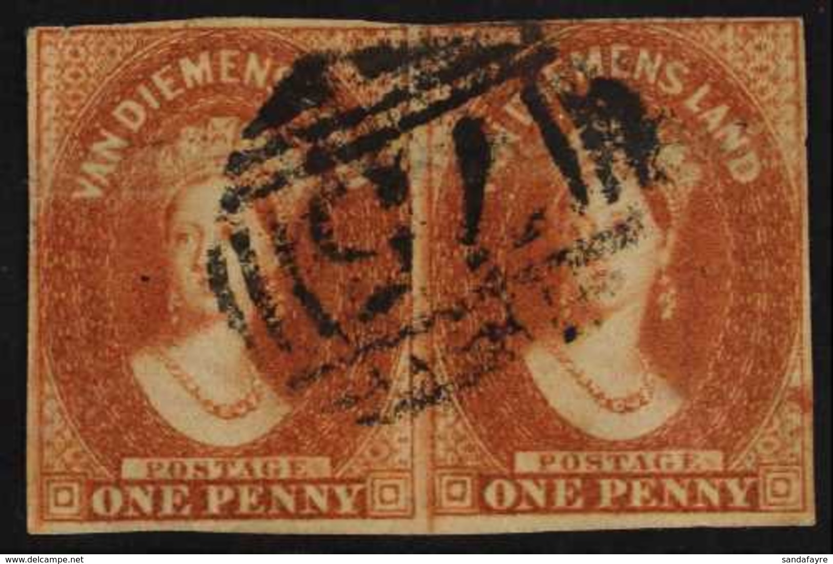 TASMANIA 1857-67 Imperf 1d Pale Red Brown Pair, SG 26, 3 Clear Margins, Fine Used. For More Images, Please Visit Http:// - Autres & Non Classés