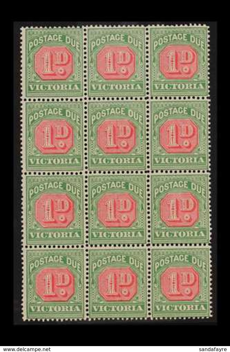 VICTORIA POSTAGE DUE 1895-6 1d Pale Scarlet & Yellow-green, BLOCK OF TWELVE (3x4), SG D12a, Never Hinged Mint, Few Minor - Autres & Non Classés