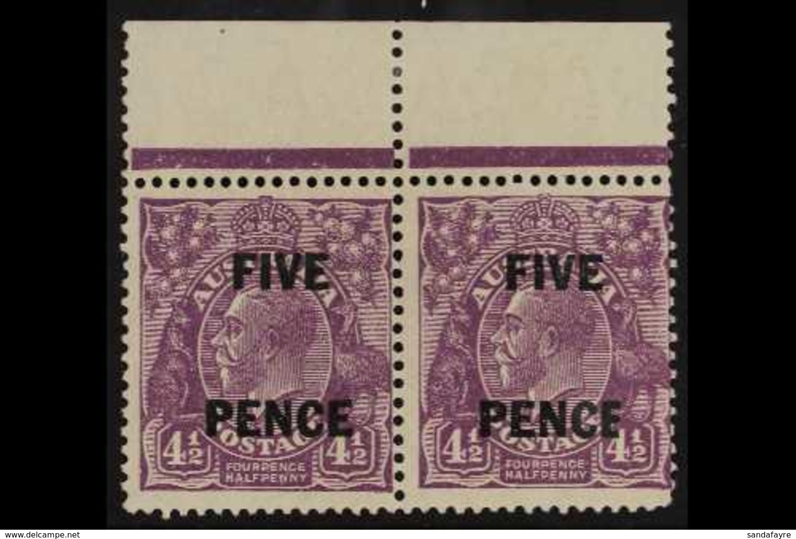 1930 FIVE PENCE On 4½d Violet, SG 120, Marginal Pair With Right Stamp Having Narrow E In Pence Variety, Brusden White 12 - Andere & Zonder Classificatie