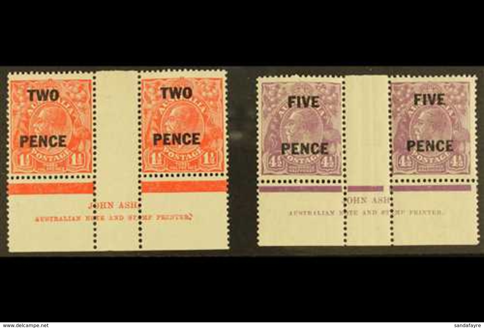 1930 Surcharges Set (SG 119/20) Each As A John Ash Imprint Gutter Pair, Fresh Never Hinged Mint (2 Imprint Pairs) For Mo - Autres & Non Classés