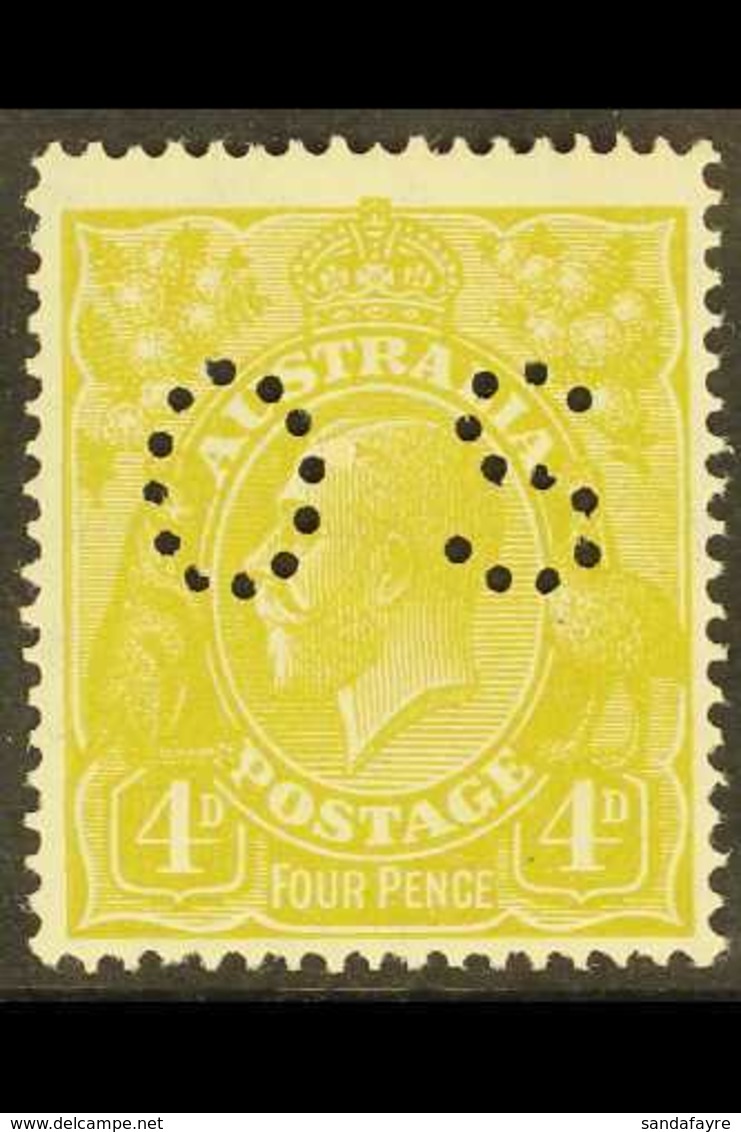 OFFICIAL 1926-30 4d Yellow- Olive Perf 14, Punctured "OS", SG O94, Never Hinged Mint. A Beauty, Scarce In This Condition - Altri & Non Classificati