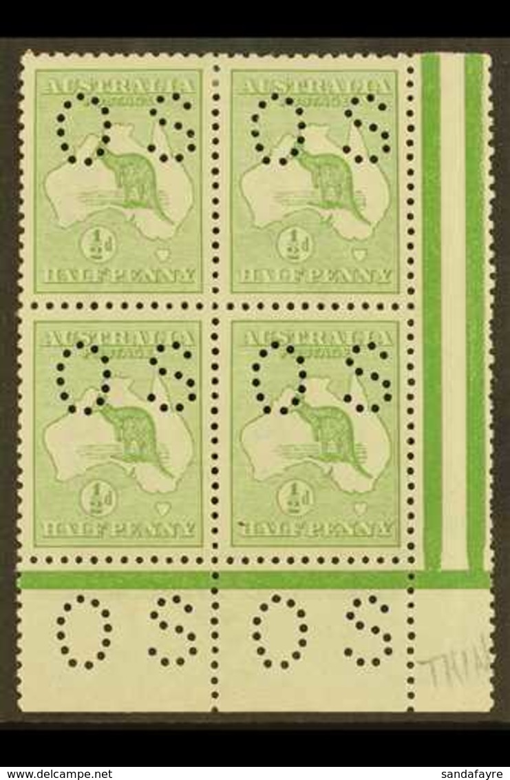 OFFICIALS 1913 ½d Pale Green, Punctured "O S" (smaller Letters, SG Type O2), Corner Marginal Block Of 4, SG O16, Very Fi - Altri & Non Classificati