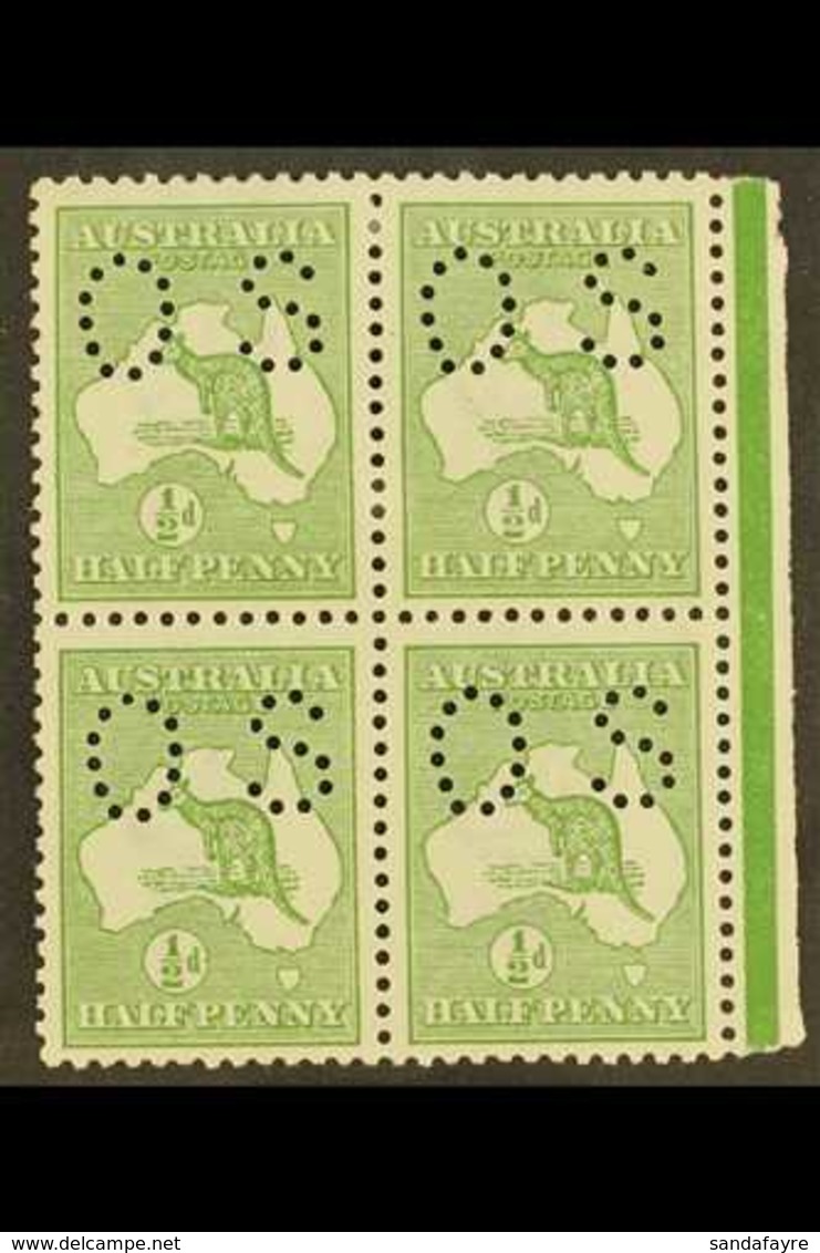 OFFICIALS 1913 ½d Green, Punctured "O S" (smaller Letters, SG Type O2), Right Marginal Block Of 4, SG O16, Fine Mint, Hi - Altri & Non Classificati