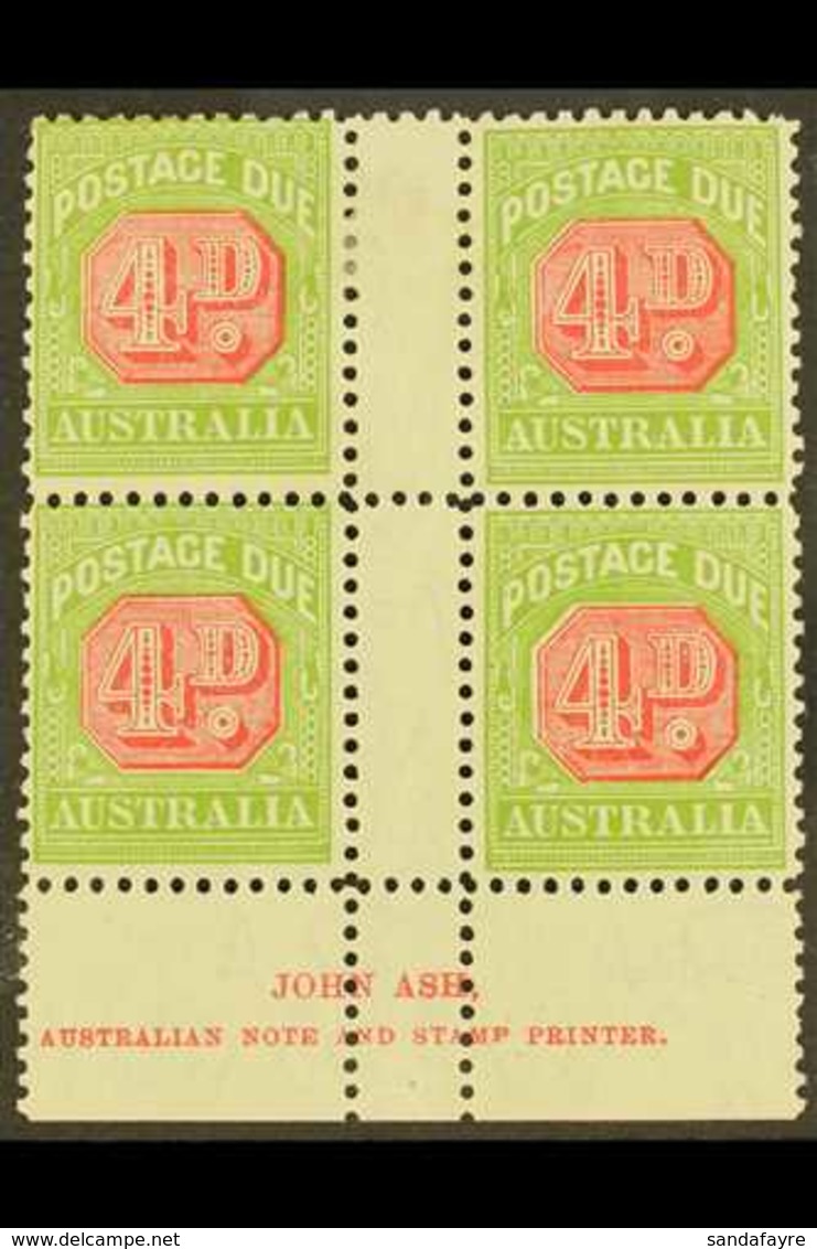 POSTAGE DUE 1931-36 4d Carmine And Yellow-green, Perf 11, SG D109, JOHN ASH Imprint Block Of Four, Mint (4 Stamps) For M - Altri & Non Classificati