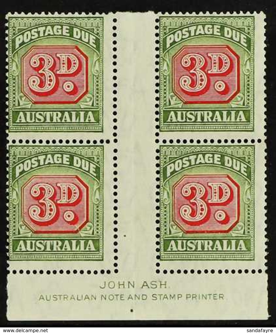 POSTAGE DUE 1946-53 3d Carmine And Green, SG D122, JOHN ASH Gutter Imprint Block Of Four, Very Fine Mint. (4 Stamps) For - Altri & Non Classificati