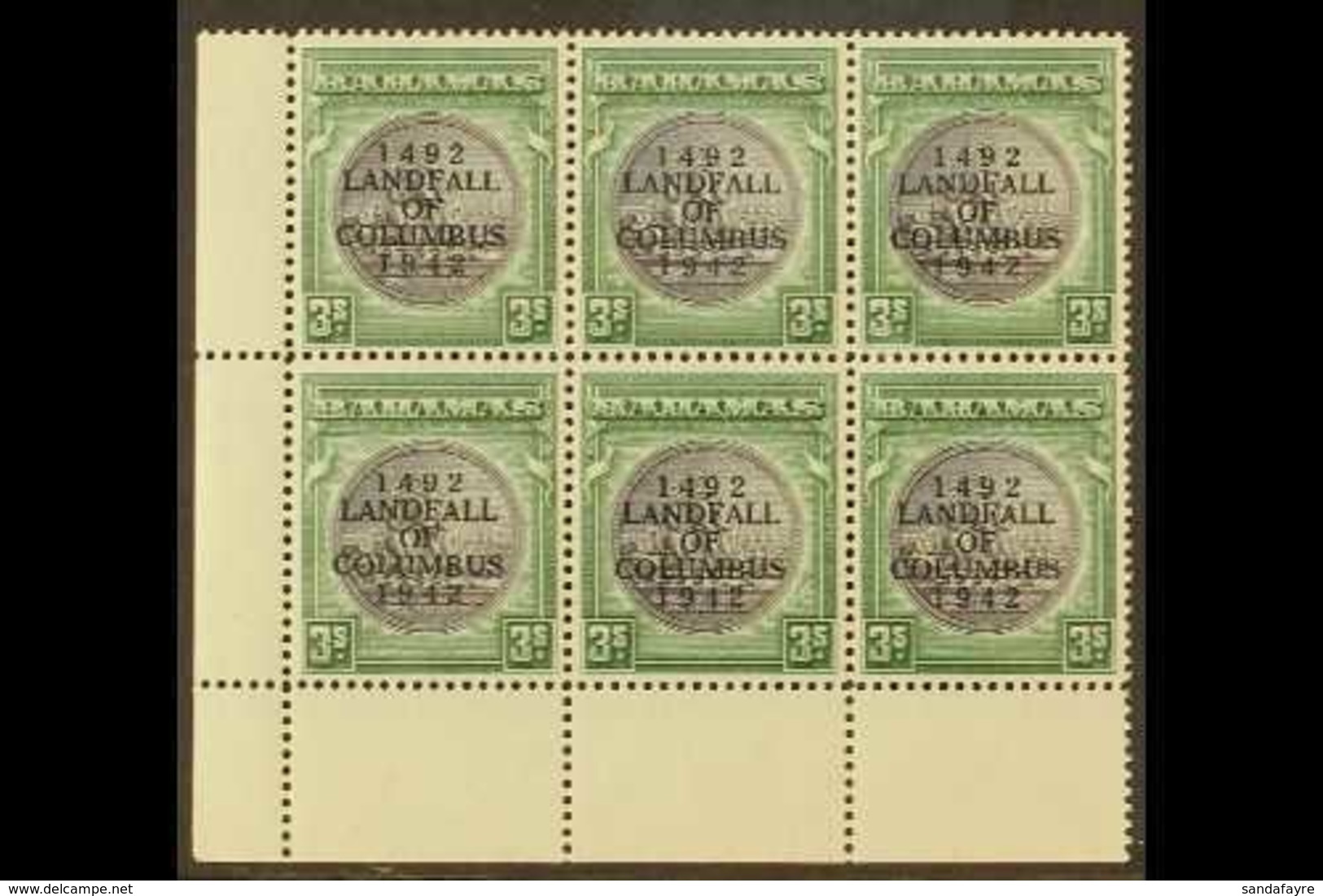 1942 3s Slate Purple & Myrtle Green, SG 173, NHM Lower Left Corner Block Of 6 With Lightly Toned Gum For More Images, Pl - Autres & Non Classés