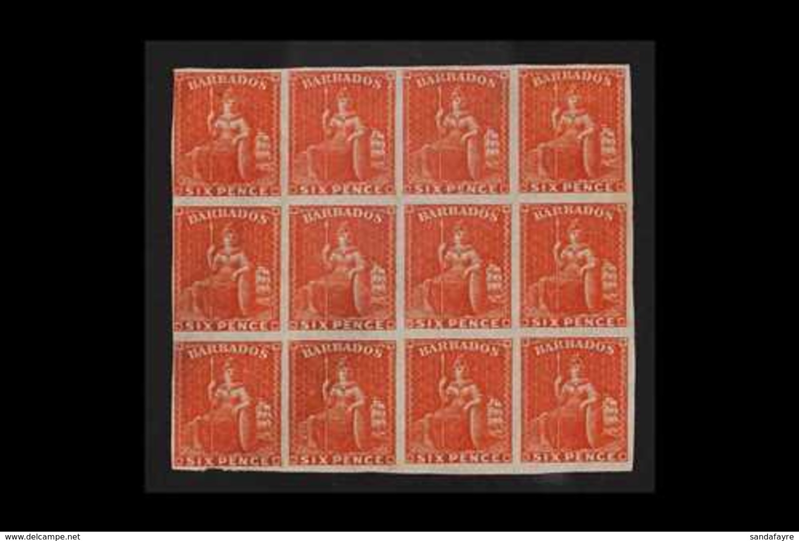 1870 6d Dull Orange - Vermilion IMPERFORATE BLOCK OF TWELVE (4x3), SG 32a, Unused Without Gum, Full Margins Just Brushin - Barbados (...-1966)