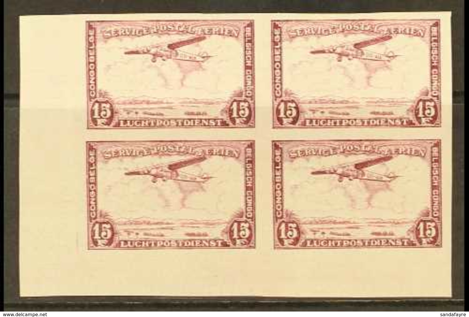 BELGIAN CONGO 1934 Air 15f Lilac, COB PA 13ND, IMPERF Lower Left Corner Block Of Four, Fine Nhm. For More Images, Please - Altri & Non Classificati