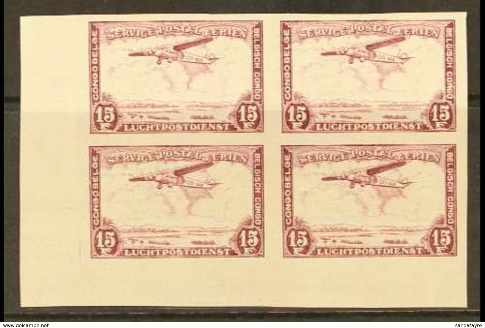 BELGIAN CONGO 1934 Air 15f Lilac, COB PA 13ND, IMPERF Lower Left Corner Block Of Four, Fine Nhm. For More Images, Please - Autres & Non Classés