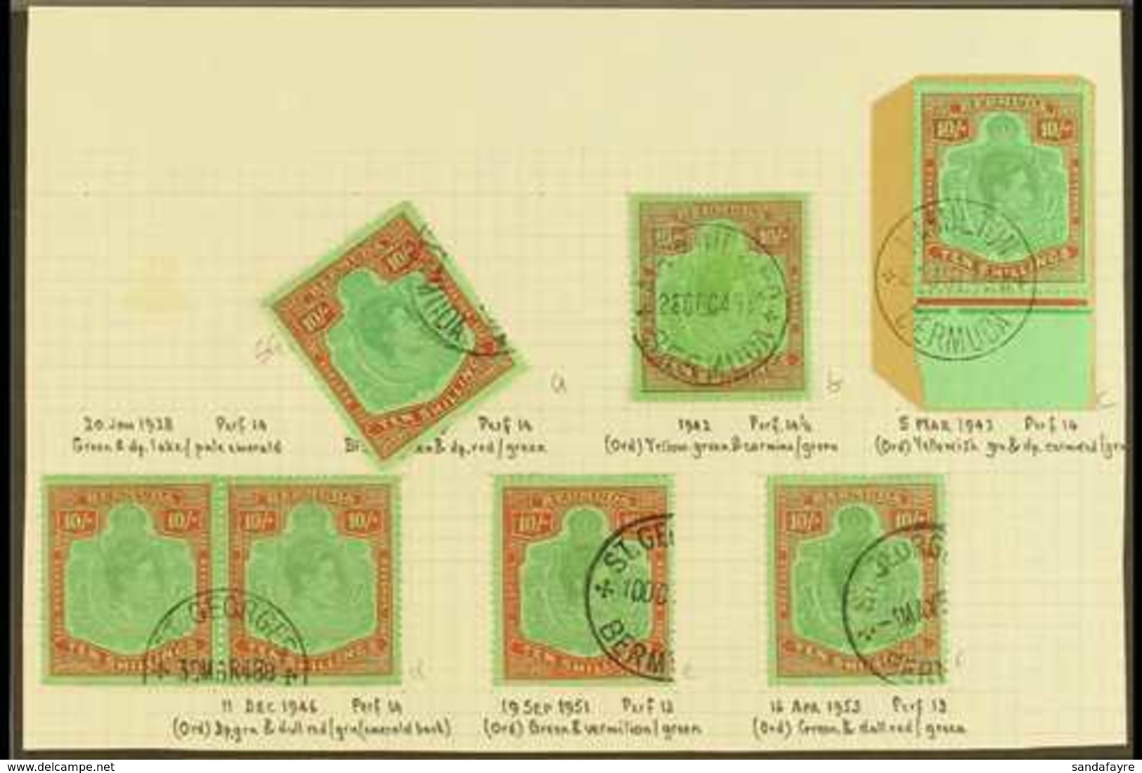 1938-53 10 SHILLING USED KEY PLATE SELECTION. An All Different, Specialized Shade & Perf Collection Of Fine Cds Used "ke - Bermudes