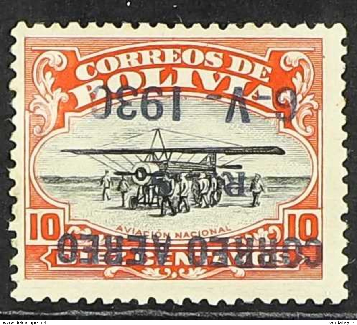 1930 10c Black & Orange-red Air Graf Zeppelin With OVERPRINT INVERTED Variety (Scott C12a, SG 229 Var, Sanabria 23a), Fi - Bolivië